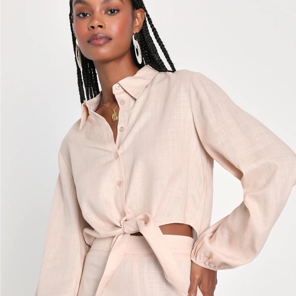 Lulus Beige Linen Tie-Front Button-Up Top, Cropped, Size Small
